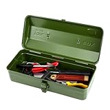 Large Metal Tool Box with Locking Lid and Handle, 15-Inch Portable Storage Case for Workshop Tools, Hardware Parts, DIY Supplies, and Home Organization (Green)