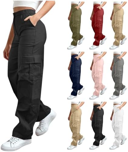 Womens Cargo Pants Elastic Waist Hiking Pants Athletic Straight Leg Trouser High Waisted Pant with Multi-Pockets