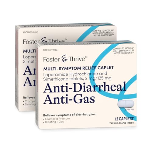 Foster & Thrive Anti-Diarrheal Anti-Gas Multi-Symptom Relief 24 Caplets with Loperamide Hydrochloride and Simethicone, Treatment of Diarrhea, Gas, Bloating, Cramps & Pressure, 12 Caplets (Pack of 2)