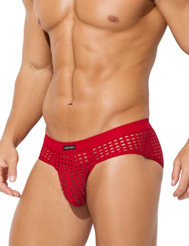 Casey Kevin Men's Mesh Briefs Breathable See Through Fishnet Underwear Low Rise Sexy Panties for Men,Red,Large