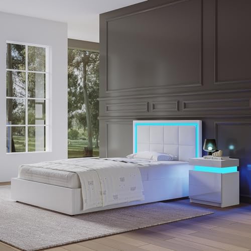 LED Bed Frame Ottoman Gas Lift Up Bed 3ft Single Size Faux Leather Storage Bed Frame for Adults, Teenagers, White (No Mattress)