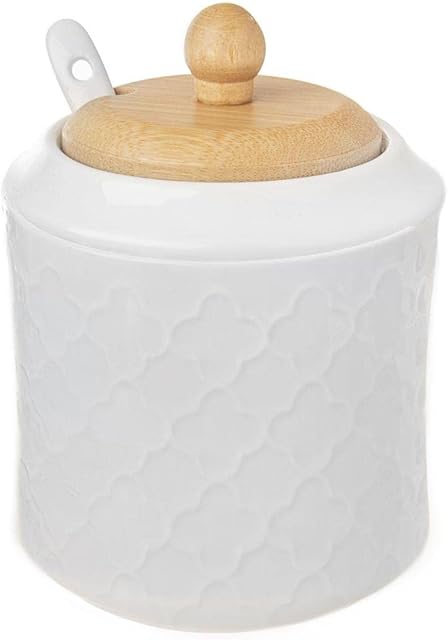 ORION GROUP Porcelain sugar bowl with lid and spoon, height 11.5 cm, white porcelain and bamboo wood, ecological sugar container