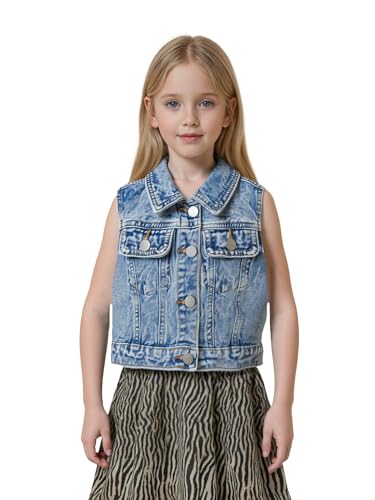Girl's Retro Denim Jacket Vest Collar Neck Button Front Sleeveless Jean Jacket Outerwear with Pockets