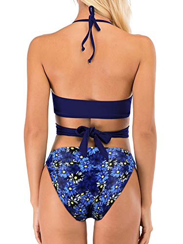 Image of Women's Two Piece Swimsuits Athletic Halter Sporty Swimming Swimwear Triangle Sexy Bathing Suits for Women Blue Floral XL