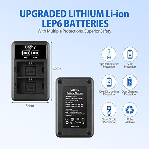 Lachy 2-Pack LP-E6 Battery Pack 2300mAh and Dual Battery Charger for Canon EOS R EOS R5 EOS R6 EOS R7 EOS 90D EOS 60D EOS 70D EOS 80D EOS 5D IV EOS 6D II EOS 7D EOS 7D Mark II Cameras