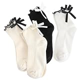 DIVINA VITAE 4 Pairs Women Bow Socks Ruffle Socks Frilly with Bows Ruffle Crew for Women Black White Ruffle Ankle Sock Soft Breathable Thin Cotton Ruffle Sock Cute Fashion for Girls and Womens