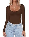 Ekouaer Women's Scoop Neck Long Sleeve Top Tight Shirts Thermal Undershirts Base Layer Tee Coffee M