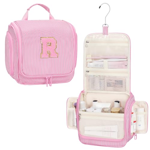 Relavel Hanging Toiletry Bag for Women, Travel Makeup Bag for Girls Kids Gifts Personalized Initial Toiletry Pouch Shower Bag, Travel Essentials Birthday Gifts for Teen Girls, Pink R