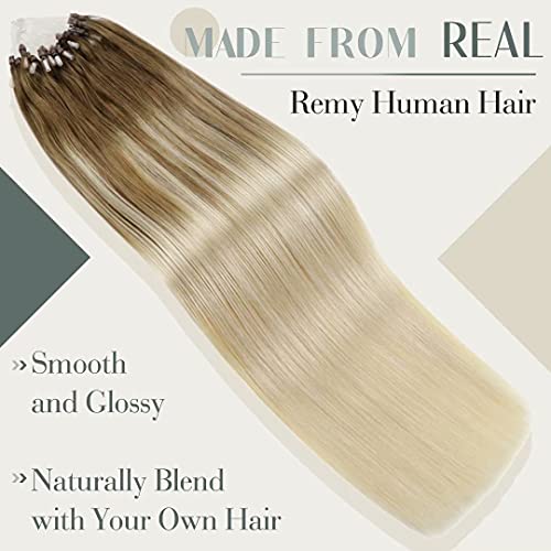 LaaVoo 18inch Micro Loop Hair Extensions Highlighted Human Hair Brazilian Balayage Ombre Color Light Brown with Light Blonde Silky Straight Silicone Micro Beads Stick Tip Hair Extensions 50g/50s#8/59