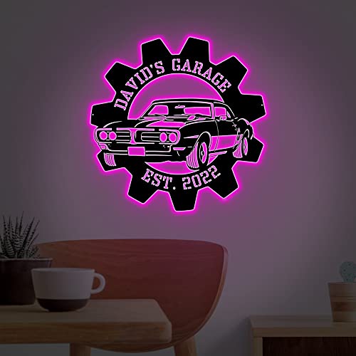 Custom Name LED Light Personalized Garage Car Metal Sign Father's Day Wall Decor Wrench Toolbox Metal Sign Personalized Gift for Dad, Grandpa, Husband, Car Lover