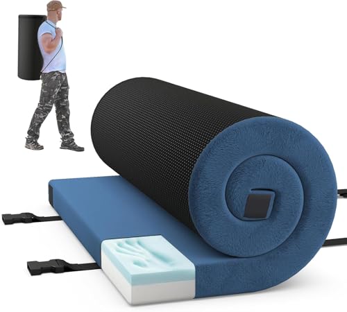 GYMAX Matelas de Camping 1 Personnes Pliable, Mousse à Mémoire de Forme, Fond Antidérapant, Sac de Transport, pour Voyage, Randonnée (Bleu,188 x 63,5 cm)