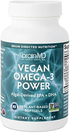 BRAINMD Dr Amen Vegan Omega-3 Power – 60 Plant-Based Softgels – 1,100 mg of EPA & DHA – Supports Focus, Memory & Heart Health – Vegan, Gluten Free & Non-GMO – 30 Servings