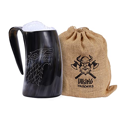 Viking Traders Original Medieval Viking Drinking Horn Mug Uniquely Wolf Carved Tankard Handcrafted From Genuine Horn With Food Safe Coating And Polished For Beer, Ale, Mead & Pagan Size 20Oz #TOP12