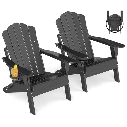 GREENVINES Oversized-Folding-Adirondack-Chairs-Set-of-2 | HDPE Plastic | Cup Holder | Fire Pit Chair | All Weather | for Outdoor Deck Backyard | Black