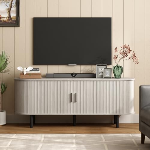 Image of ONBRILL 55 inch TV Stand with Power Outlet for TVs up to 60 Inch, Entertainment Center with Storage and Adjustable Shelves, Modern Media Console with Sliding Doors for Living Room, Natural White