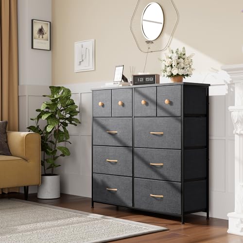Nicehill Dresser for Bedroom with 10 Drawers, Storage Drawer Organizer, Tall Chest of Drawers for Closet, Living Room, Hallway, Entryway, Fabric Drawers (Black Grey) - Thumbnail 7