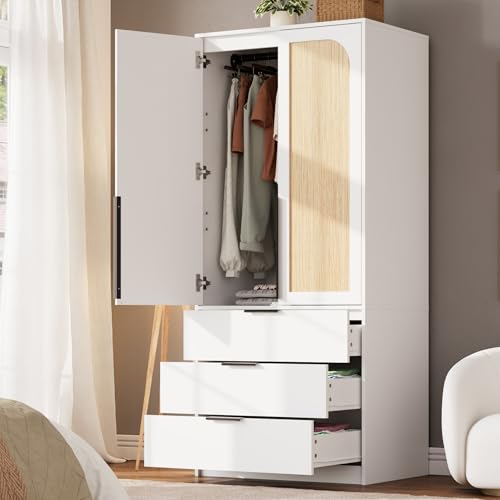 GarveeHome Armoire Wardrobe Closet, 69.5 in Wooden Wardrobe Cabinet with 3 Drawers, Hanging Rod, 2 Doors Clothing Storage Cabinet for Bedroom, Large Capacity Storage, Rattan Door, White Ratt