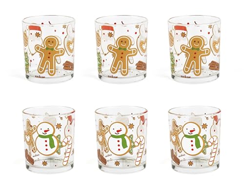 Excelsa Wonderful Ginger - Conjunto de 6 copos de água, vidro decorado de Natal, boneco de neve e bolacha de gengibre, 250 ml, 7,5 x 8,5 cm