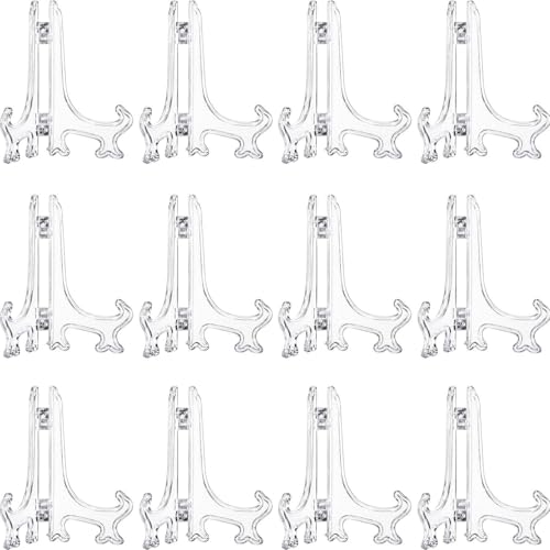 Boao 12 Pack Plastic Easel Stand Clear Display Card Plate Stands Photo Holder Picture Frame Book or Other Items Easel for Weddings, Birthdays, Home Decoration, Tables(6 Inches)