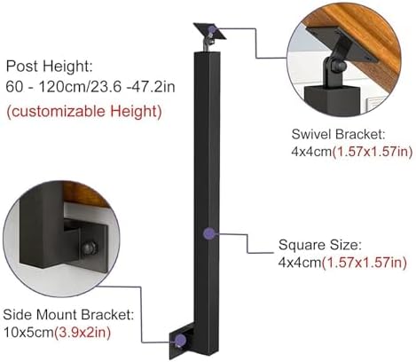 Adjustable 270° Outdoor Stair Balusters Post - Black Metal Railing Pillar Spindles with Flat Bracket for Deck, Steps & Garden (1PCS, 90cm/35.4in)
