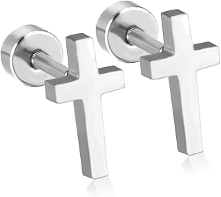 18G Cross Screw Flat Back Small Stud Earrings for Women Men Girls Minimalist Surgical Steel Cartilage Tragus Piercing Sleeper Little Studs Hypoallergenic Birthday Gift