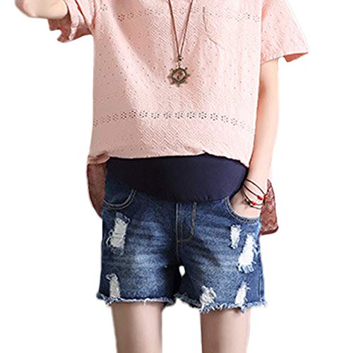 Zenicham Women's Ripped Hole Tassel High-Waisted Jeans Shorts Pants For Pregnant Women Blue #TOP2