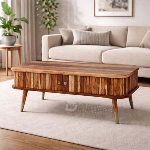 Image of DRIFTINGWOOD Travor Solid Sheesham Wood Coffee Table with Storage | Center Table for Living Room | Tea Table with Sliding Doors and 2 Compartments | Natural Finish