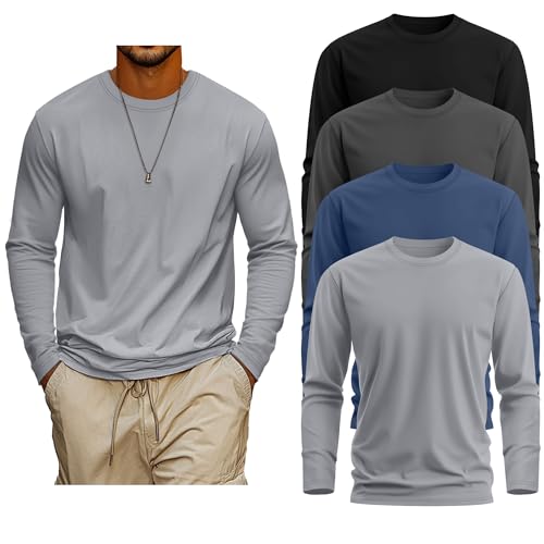 Neer 4 Pack Mens Big and Tall Shirts, 95% Cotton Long Sleeve Crewneck Casual Tops Plus Size Basic Tee Shirts Multipack2