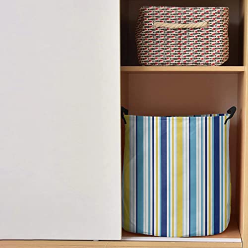 Blue Yellow Striped Laundry Basket Large 16.5"X17" Waterproof Laundry Hamper, Farmhouse Navy Blue Ombre Stripes Toys Blankets Storage Baskets Clothes Hamper For Bathroom Bedroom Living Room #TOP1