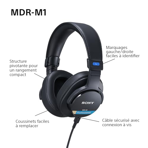 Sony MDR-M1 : Casque de Studio fermé - Filaire, Lecture à Bande ultralarge (5Hz-80kHz), idéal pour l'enregistrement et Le mixage en Studio, Conception légère (216g), Noir