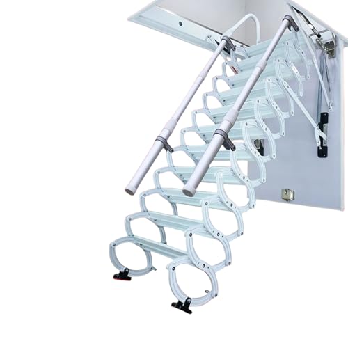 Ceiling Mount Attic Ladder, Retractable Attic Ladder Ceiling Pull Down System, 12 Steps Folding Loft Step with Armrests, Hidden Mount Attic Extension Stairs for Garage(White, Step 12)