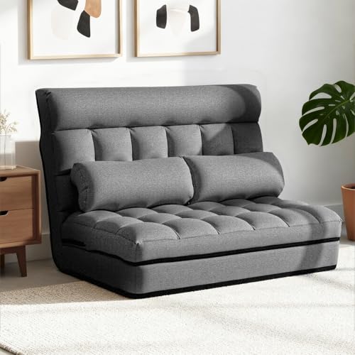 Artiss Sofa Bed, 2 Seaters Adjustable Futon Couch Cushions Flool Lounge Recliner Chair Lounger Office Outdoor Indoor Living Room Bedroom Furniture, Removable Foldable Soft Space Saving Grey