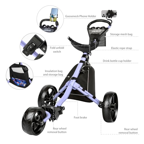 JANUS Golf Cart, Golf Bag cart, Foldable Golf Push cart,Golf Pull cart,3 Wheel Golf Push carts,with Gooseneck Phone Holder