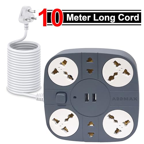 Image of ADDMAX Extension Board with USB | 6 Power Sockets, 2 USB Ports + 1 Type-C Port | 10 Meter Heavy Duty Cord | 10A 220V Multi Plug Extension Cord | Fireproof Power Strip for Home, Office & Laptop - Grey