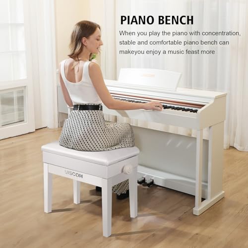 UISCOM Piano Bench with Storage Adjustable Solid Wood Keyboard Bench - Heavy Duty Wooden Piano Stool Padded with Cushion, Keyboard Stool (White)
