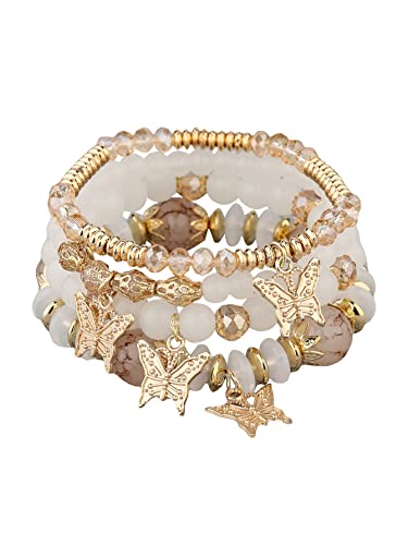 Gorglitter Women's 6Pcs Bohemian Stackable Bead Bracelets Stretch Multilayered Bracelet Set Multicolor Gold And Beige One Size #TOP27
