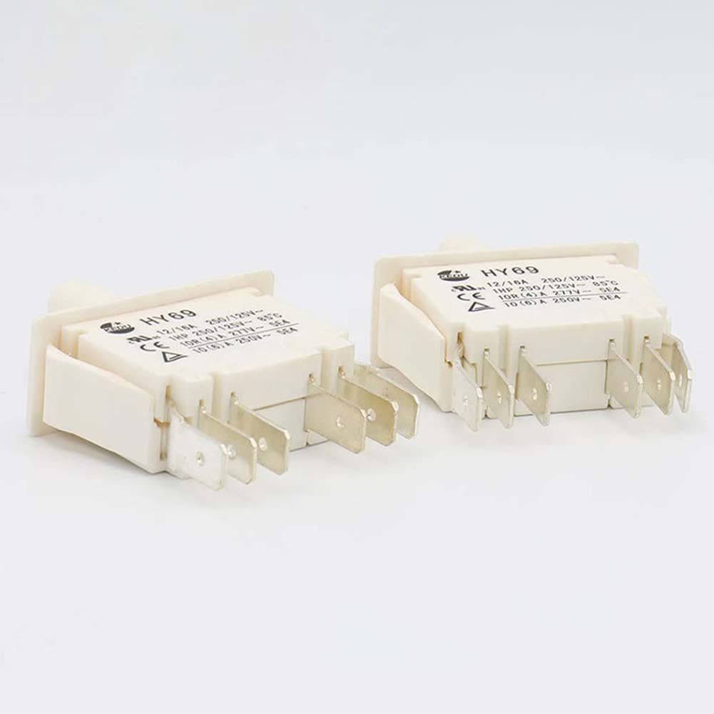 Strana view of two KeDu HY69 push pull switches, showing the six metal terminals extending from the base.
