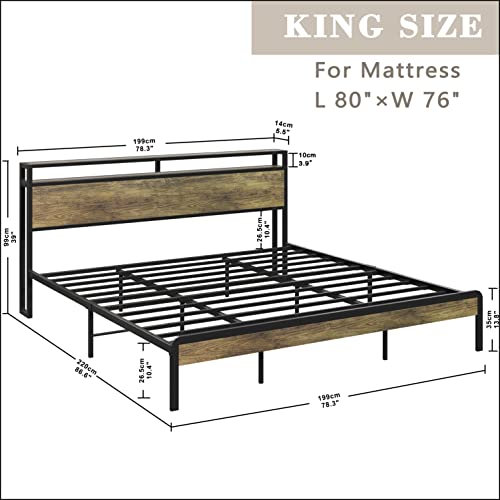Likimio King Size Bed Frame, Platform Bed With 2-Tier Storage Headboard, Solid And Stable, Noise Free, No Box Spring Needed, Easy Assembly, Rustic Maple #TOP1