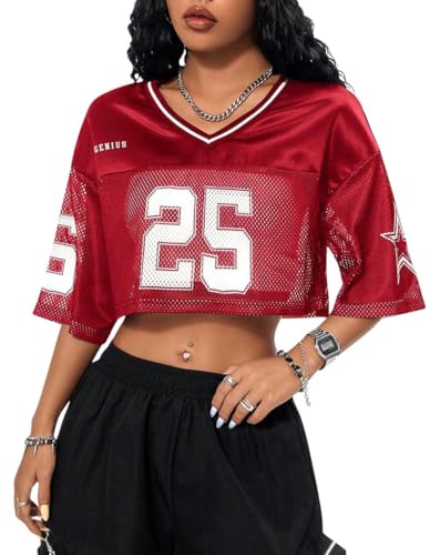 SOLY HUX Jersey Shirts for Women Y2k Crop Tops Streetwear Sportswear Short Sleeve T-Shirt Cute Football Jersey Top Red Letter Medium