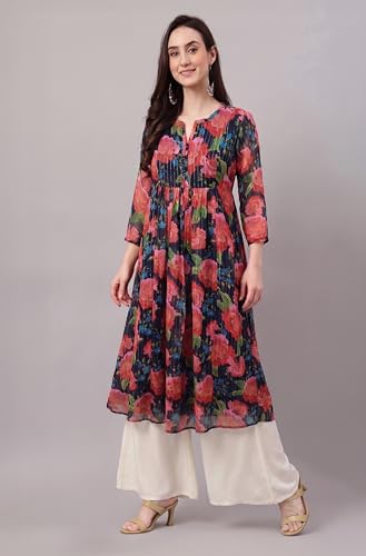 Image of Janasya Women's Chiffon Lurex Floral Printed A-line Kurta
