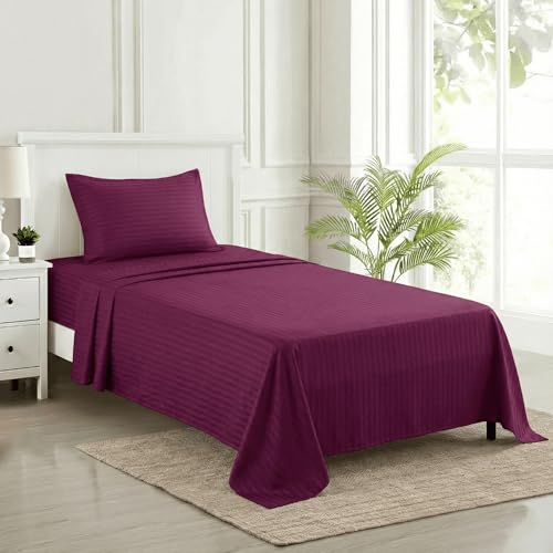 Image of Trance Home Linen 100% Cotton 200 TC Satin Stripe Single Bedsheet with Pillow Cover | Fade-Resistant, Soft & Hypoallergenic |Flat Bedspread for Single Mattress - (54 x 90 inch, Deep Wine)