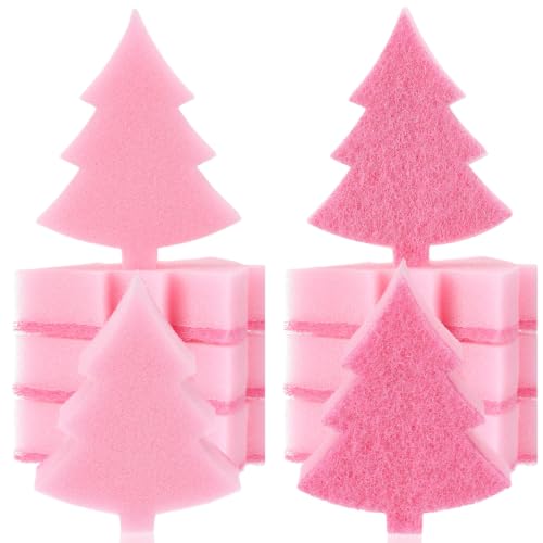 Image of Tioncy 12 Pack Kitchen Sponges Bulk Dual Sided Scrubber Sponges Dishwashing Kitchen Cleaning Accessories for Household Supplies(Christmas Tree, Pink)