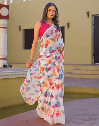 Image of SIRIL Women's Chiffon Printed Saree with Unstitched Blouse Piece