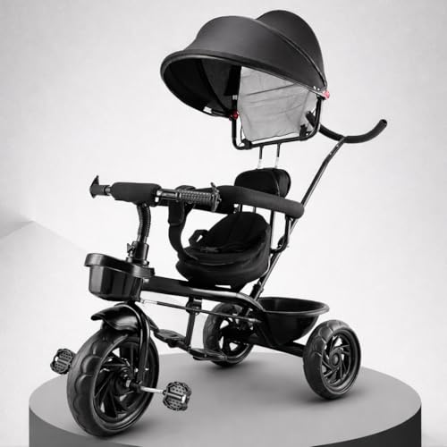 Image of Maanit Kids Tricycle with Canopy & Dual Storage Basket - Toddler Bike with Parental Handle Control, Safety Guardrail & Comfort Seat - Trike for Ages 1.5-5 Years (M692)