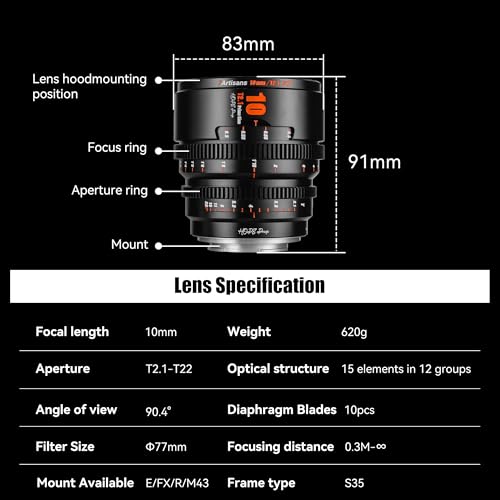 Ficha técnica Lente de Cine Profesional Serie T21 Hope de 10mm Marco S35 Compatible con Sony E-Mount Marco C para Sony A6500 A6600 A6700 FX30 ZVE10 Negro - Fernando Cortés