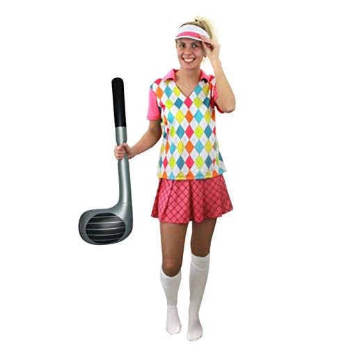 I LOVE FANCY DRESS LTD Frauen Golf KOSTÜM VERKLEIDUNG=4TEILIG -Oberteil +Rock+Kappe+AUFBLASBARER Golf SCHLÄGER=100% Polyester= SEXY Golfer Frau=OHNE KNIESTRÜMPFE= Fasching Karneval=MEDIUM