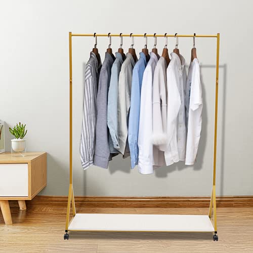 JINPRDAMZ Wieszak na ubrania z półkami na buty, wolnostojący, metalowy, kwadratowy, na kółkach, złoty stojak na suknię ślubną (wysokość 163 cm)