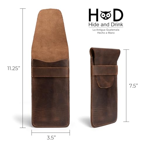 Hide & Drink, Slim Cigar Case for Three 50 Ring Cigars, Classic, All Purpose Holder, Rustic Portable Bag, Handmade, Full Grain Leather, Bourbon Brown