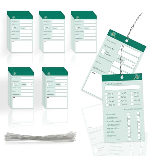 50 Stück Ölwechsel anhänger 6x10cm Ölwechselzettel Ölzettel mit drahtPraktisches Ölzettel Set Langlebige Ölwechsel Anhänger für Kfz Service und Werkstätten (Grün)
