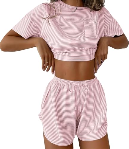 YepMoll Womens Two Piece Pajama Set Striped Print Crew Neck Short Sleeve Side Split Shorts Set Cute Pj Sets Pink Stripe L